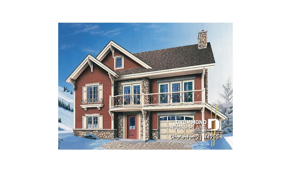 front - BASE MODEL - Ski chalet plan, reverse floor plans, master and living areas on second floor, large fireplace - Charleston 2