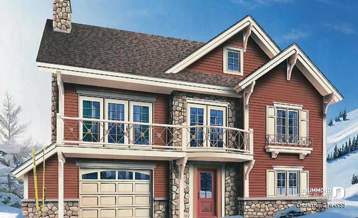 front - BASE MODEL - Ski chalet plan, reverse floor plans, master and living areas on second floor, large fireplace - Charleston 2