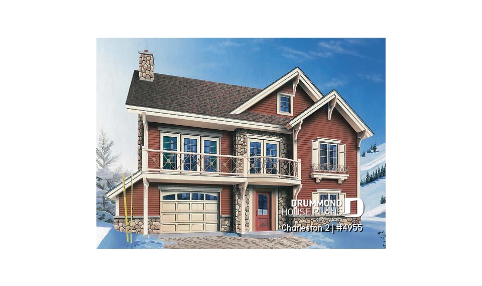 front - BASE MODEL - Ski chalet plan, reverse floor plans, master and living areas on second floor, large fireplace - Charleston 2