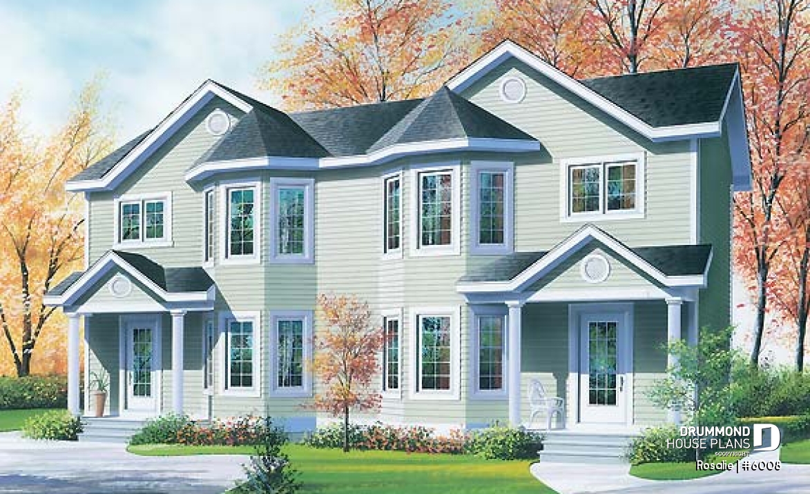 front - BASE MODEL - Victorian inspired duplex plan with 2 to 3 bedroom per unit and large kitchen with pantry - Rosalie