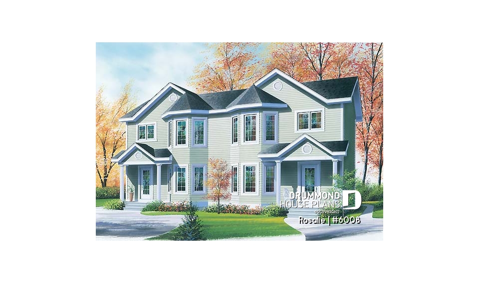 front - BASE MODEL - Victorian inspired duplex plan with 2 to 3 bedroom per unit and large kitchen with pantry - Rosalie