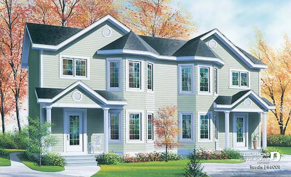 front - BASE MODEL - Victorian inspired duplex plan with 2 to 3 bedroom per unit and large kitchen with pantry - Rosalie