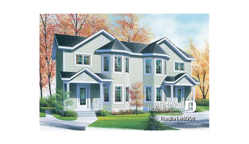 front - BASE MODEL - Victorian inspired duplex plan with 2 to 3 bedroom per unit and large kitchen with pantry - Rosalie