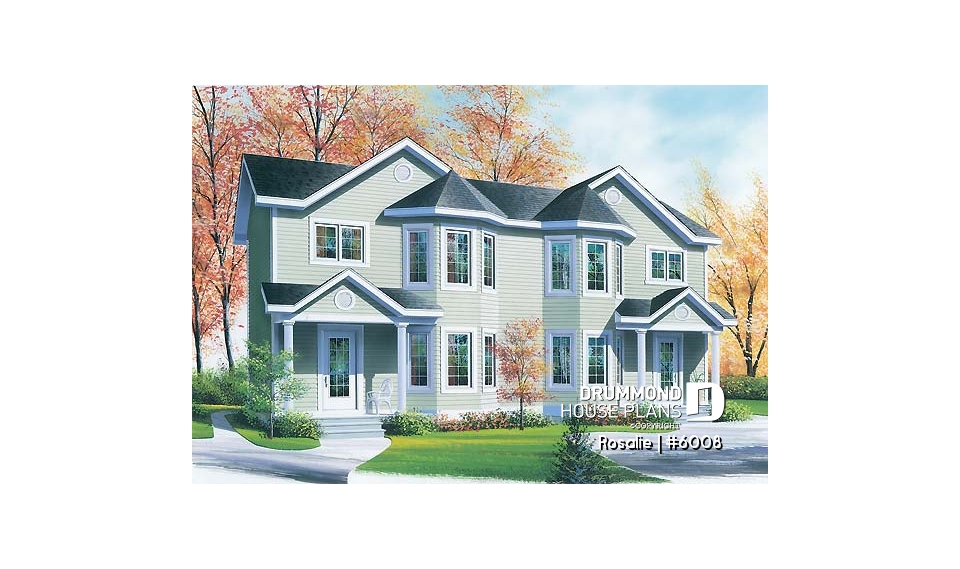front - BASE MODEL - Victorian inspired duplex plan with 2 to 3 bedroom per unit and large kitchen with pantry - Rosalie