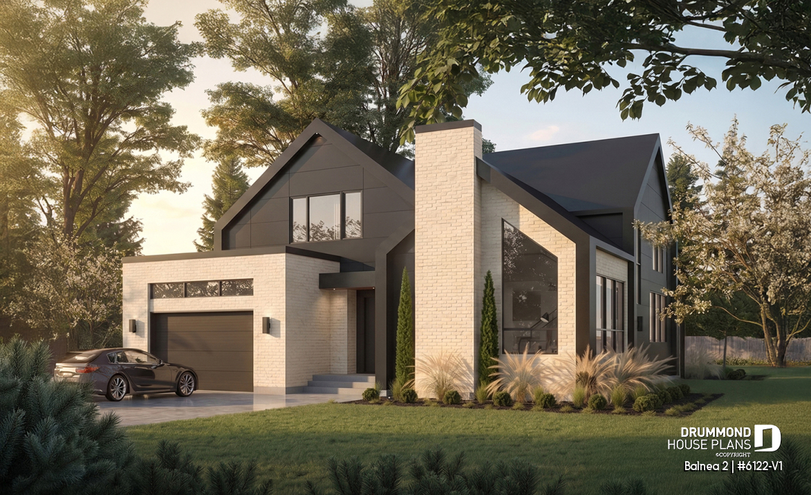front - BASE MODEL - Modern Two-Story House Plan with Stunning Primary Suite, Cathedral Ceiling and STÛV Wood Stove - Balnea 2