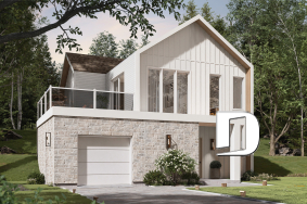front - BASE MODEL - Reverse floor plan home for panoramic view, 3 beds on lower floor, kitchen, dining and living on upper floor - Auguste 2