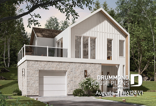 front - BASE MODEL - Reverse floor plan home for panoramic view, 3 beds on lower floor, kitchen, dining and living on upper floor - Auguste 2
