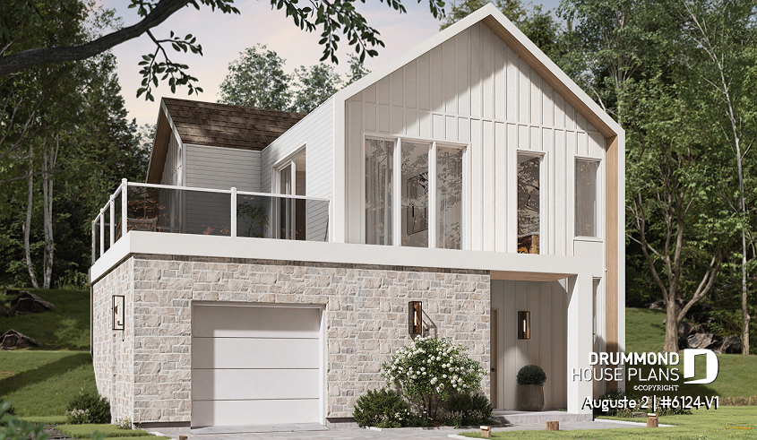 front - BASE MODEL - Reverse floor plan home for panoramic view, 3 beds on lower floor, kitchen, dining and living on upper floor - Auguste 2