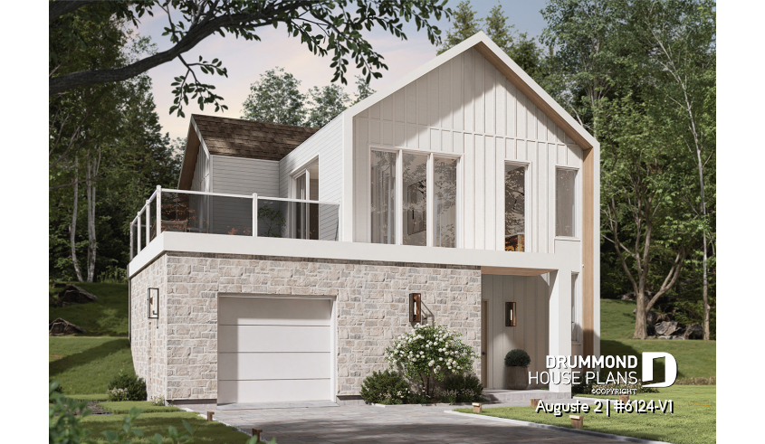 front - BASE MODEL - Reverse floor plan home for panoramic view, 3 beds on lower floor, kitchen, dining and living on upper floor - Auguste 2