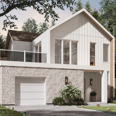 front - BASE MODEL - Modern Scandinavian reverse floor plan home, 3 beds on lower floor, kitchen, dining and living on upper floor - Auguste 2