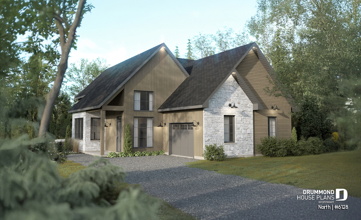 front - BASE MODEL - 2-story house plan North (#6128) with garage, 2 bedrooms + optional 3rd, bright with STÛV s21 fireplace - North