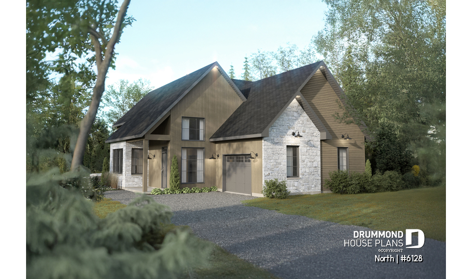 front - BASE MODEL - 2-story house plan North (#6128) with garage, 2 bedrooms + optional 3rd, bright with STÛV s21 fireplace - North