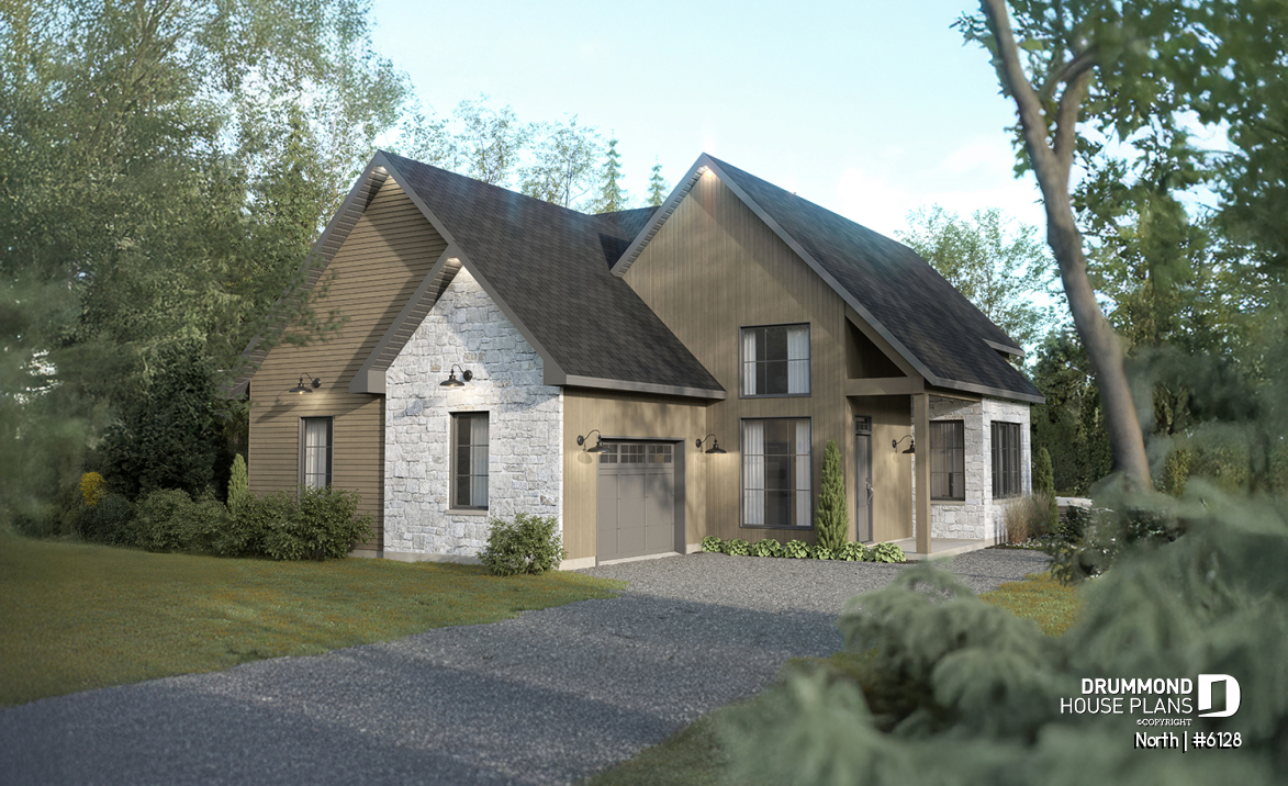 front - BASE MODEL - 2-story house plan North (#6128) with garage, 2 bedrooms + optional 3rd, bright with STÛV s21 fireplace - North