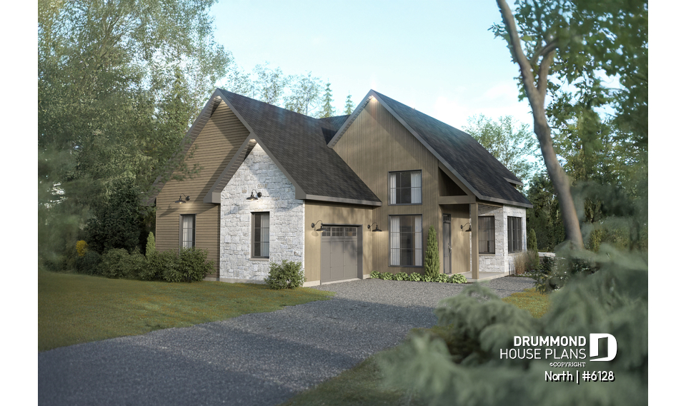 front - BASE MODEL - 2-story house plan North (#6128) with garage, 2 bedrooms + optional 3rd, bright with STÛV s21 fireplace - North