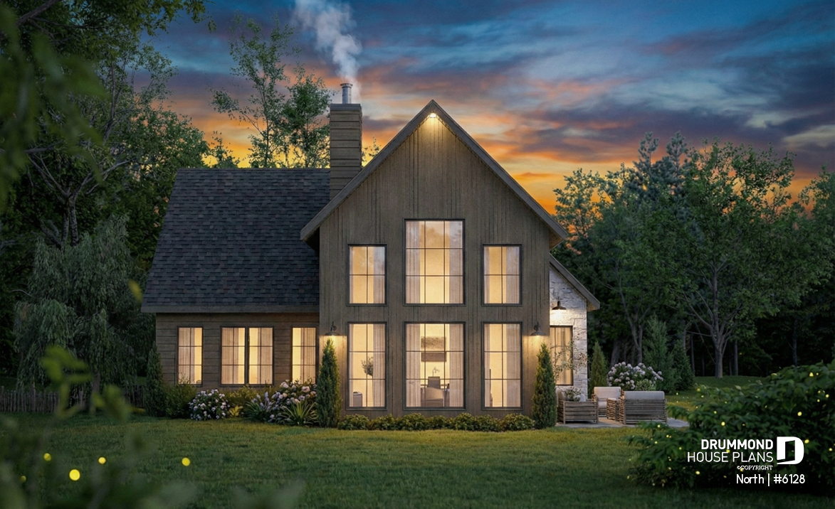Rear view - BASE MODEL - 2-story house plan North (#6128) with garage, 2 bedrooms + optional 3rd, bright with STÛV s21 fireplace - North