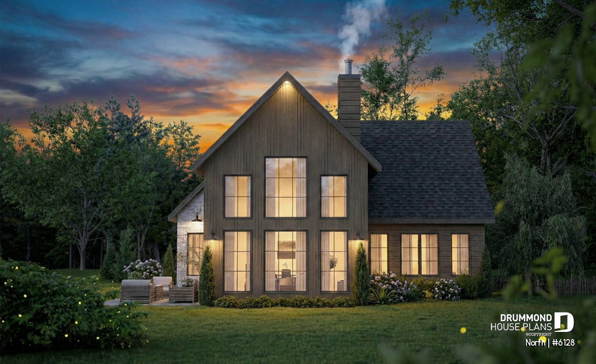 Rear view - BASE MODEL - 2-story house plan North (#6128) with garage, 2 bedrooms + optional 3rd, bright with STÛV s21 fireplace - North