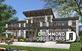Rear view - BASE MODEL - Large 3 bedroom beachfront or lakefront modern house plan, Xlarge second floor deck, 2 family rooms, fireplace - Odessa
