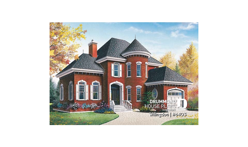 front - BASE MODEL - European style 3 bedroom house plan, home office, large sunken living room, garage, walk-in in master - Willingdon