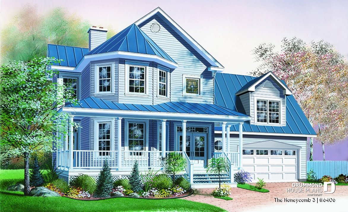 front - BASE MODEL - Victorian style farmhouse home plan, 3 bedrooms + large bonus room above 2-car garage, fireplace - The Honeycomb 3