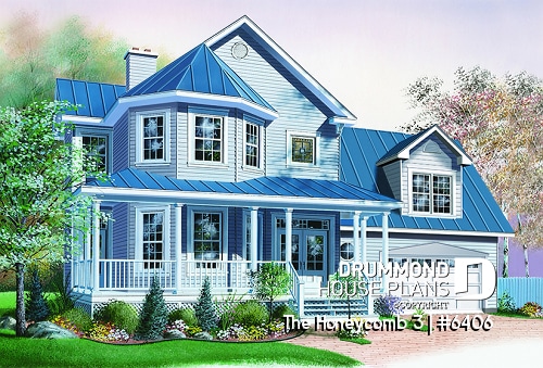 front - BASE MODEL - Victorian style farmhouse home plan, 3 bedrooms + large bonus room above 2-car garage, fireplace - The Honeycomb 3
