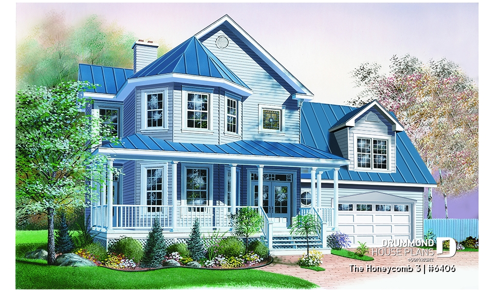 front - BASE MODEL - Victorian style farmhouse home plan, 3 bedrooms + large bonus room above 2-car garage, fireplace - The Honeycomb 3