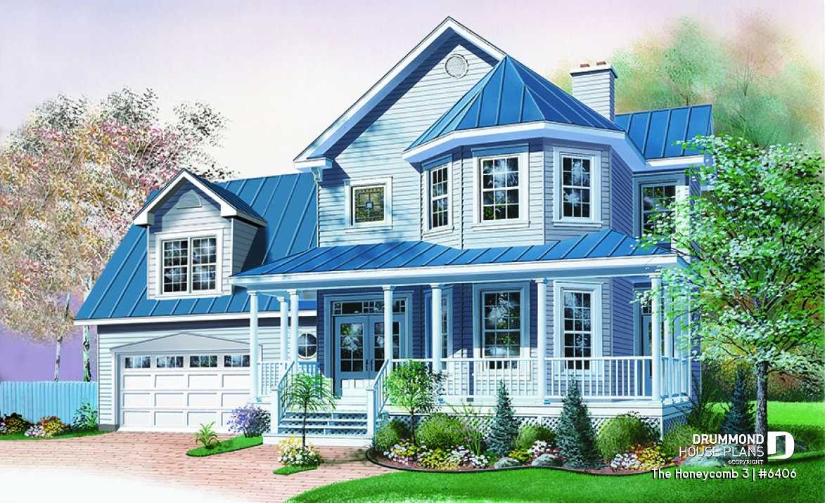 front - BASE MODEL - Victorian style farmhouse home plan, 3 bedrooms + large bonus room above 2-car garage, fireplace - The Honeycomb 3