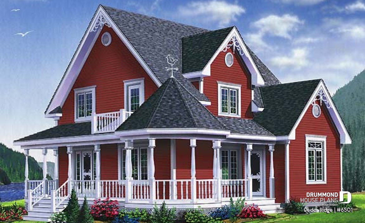 front - BASE MODEL - 3 bedroom country style house plan with cathedral ceiling, two-storey, great balcony - Cedar Ridge