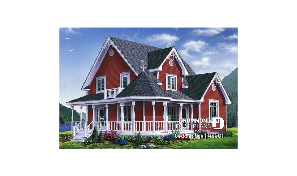 front - BASE MODEL - 3 bedroom country style house plan with cathedral ceiling, two-storey, great balcony - Cedar Ridge