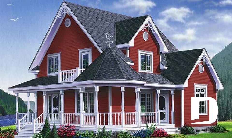 front - BASE MODEL - 3 bedroom country style house plan with cathedral ceiling, two-storey, great balcony - Cedar Ridge