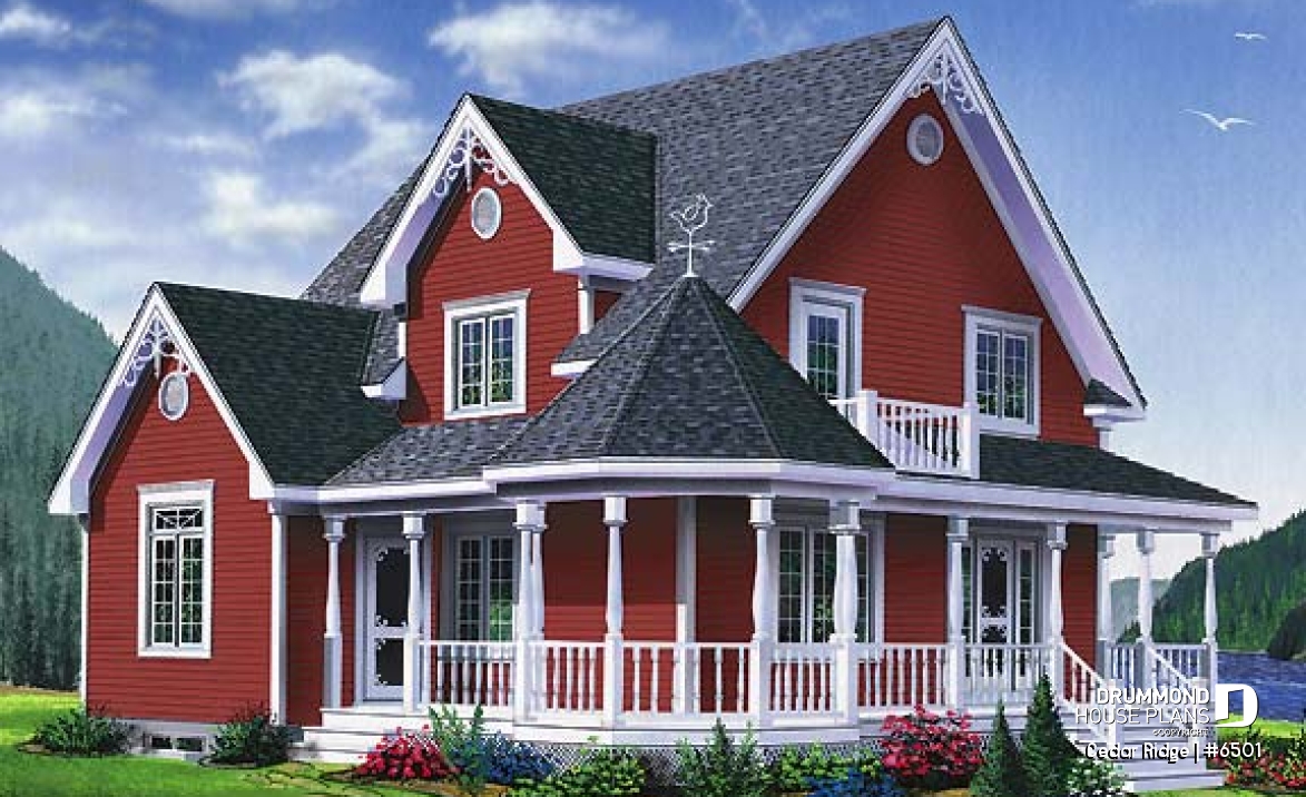 front - BASE MODEL - 3 bedroom country style house plan with cathedral ceiling, two-storey, great balcony - Cedar Ridge