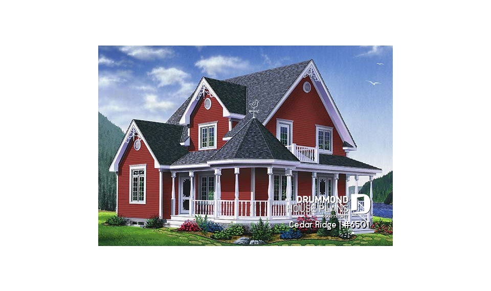 front - BASE MODEL - 3 bedroom country style house plan with cathedral ceiling, two-storey, great balcony - Cedar Ridge