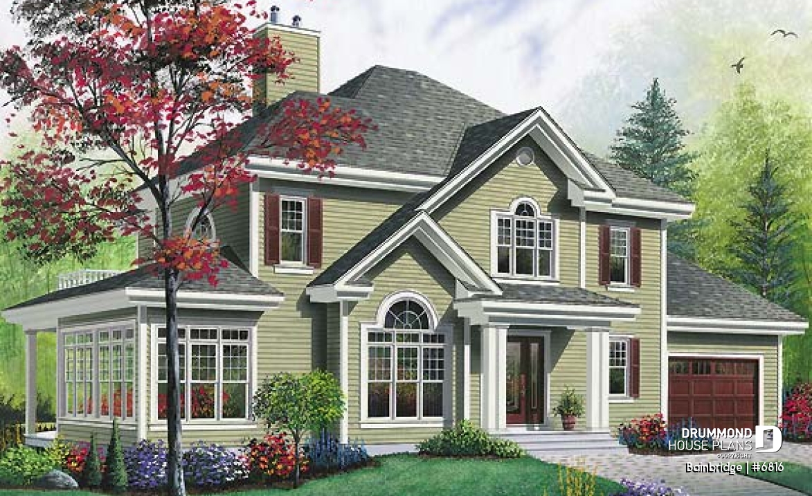 front - BASE MODEL - Traditional house plan, 3 bedrooms, master suite with private terrace, home office, sunken living room - Bainbridge