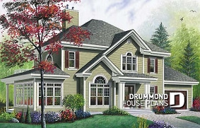 front - BASE MODEL - Traditional house plan, 3 bedrooms, master suite with private terrace, home office, sunken living room - Bainbridge