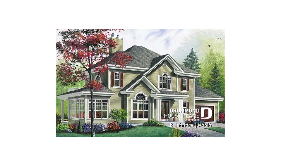 front - BASE MODEL - Traditional house plan, 3 bedrooms, master suite with private terrace, home office, sunken living room - Bainbridge
