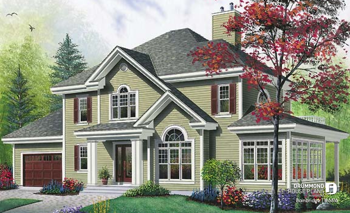 front - BASE MODEL - Traditional house plan, 3 bedrooms, master suite with private terrace, home office, sunken living room - Bainbridge