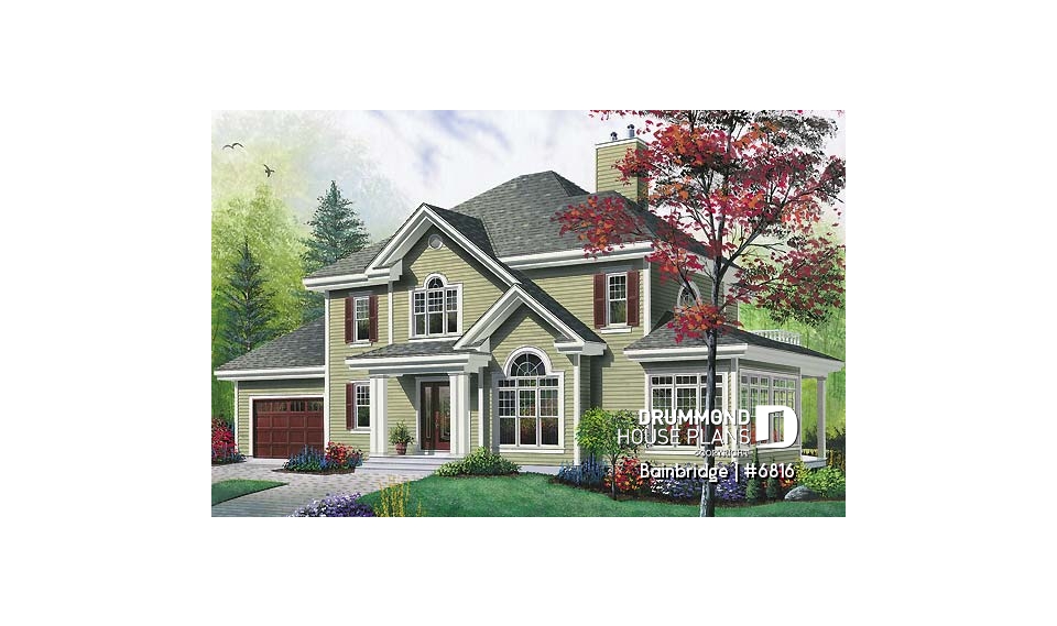 front - BASE MODEL - Traditional house plan, 3 bedrooms, master suite with private terrace, home office, sunken living room - Bainbridge