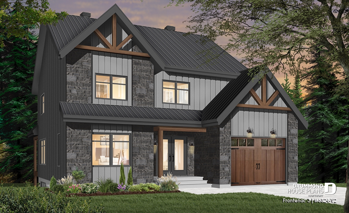Color version 3 - Front - Northwest style house plan with garage, master suite, large kitchen with island &amp; pantry, 3 beds 2.5 baths - Frontenac 3