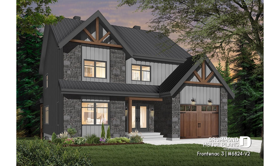 Color version 3 - Front - Northwest style house plan with garage, master suite, large kitchen with island &amp; pantry, 3 beds 2.5 baths - Frontenac 3