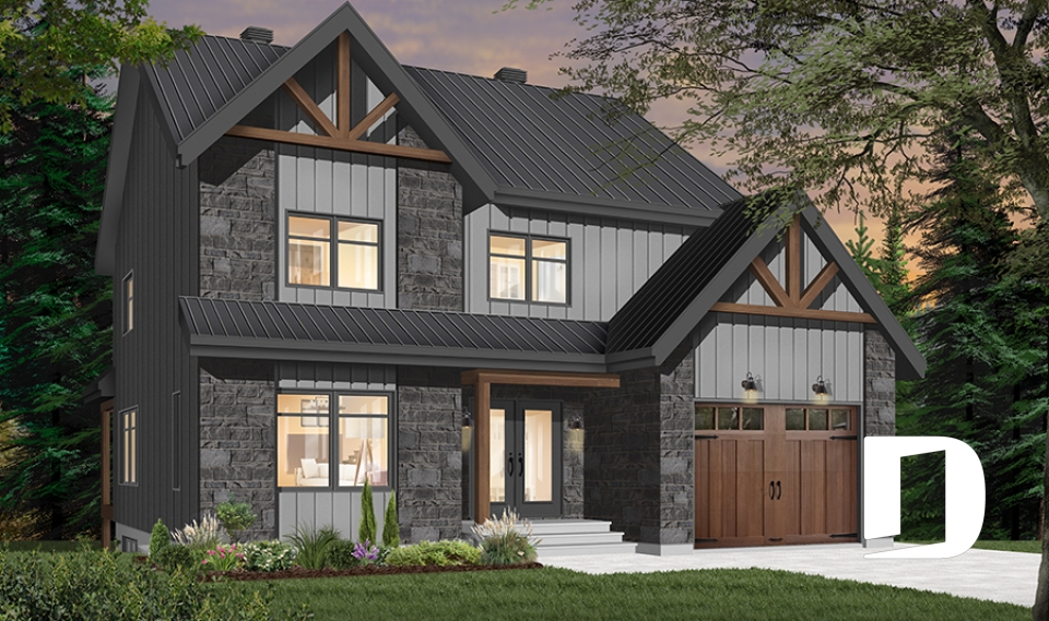 Color version 3 - Front - Northwest style house plan with garage, master suite, large kitchen with island &amp; pantry, 3 beds 2.5 baths - Frontenac 3