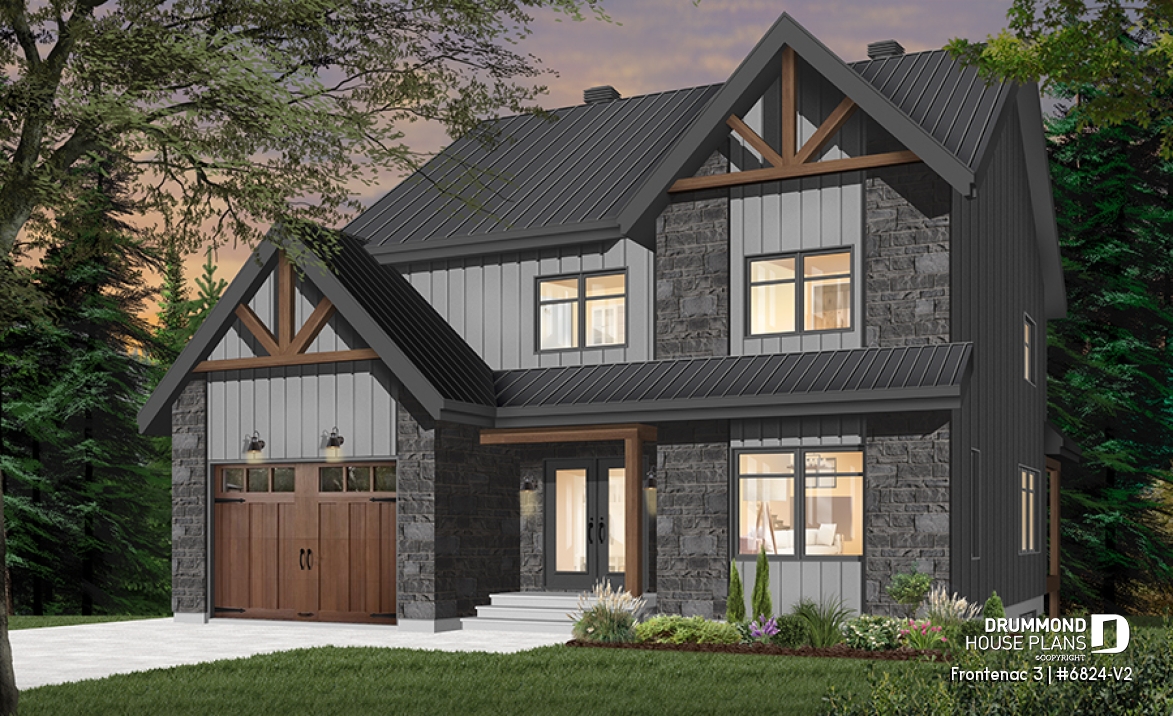 Color version 3 - Front - Northwest style house plan with garage, master suite, large kitchen with island &amp; pantry, 3 beds 2.5 baths - Frontenac 3