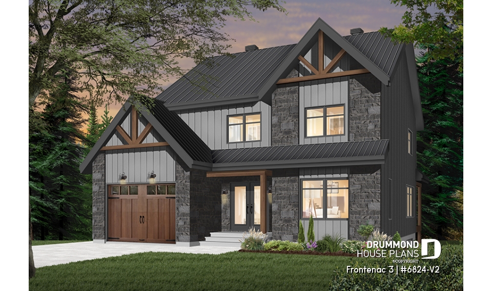 Color version 3 - Front - Northwest style house plan with garage, master suite, large kitchen with island &amp; pantry, 3 beds 2.5 baths - Frontenac 3