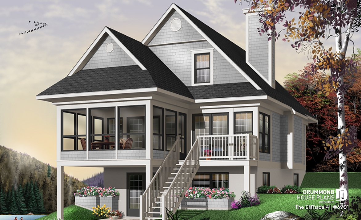 Color version 5 - Rear - 4-seasons chalet style house plan, 3 bedrooms, fireplace, screened-in deck and open floor plan - The Cliffside 4