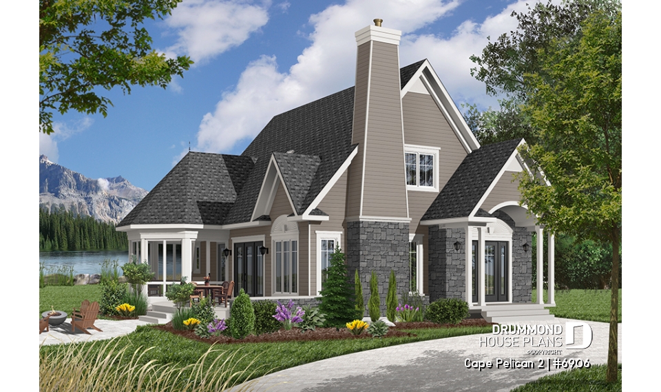 Color version 7 - Front - Beautiful cottage house plan, master on main, large deck partially screened porch, unf. daylight basement - Cape Pelican 2