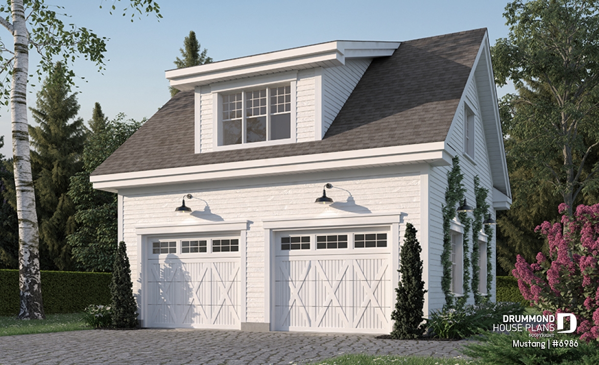 front - BASE MODEL - Two-car garage plan, country style, storage area on second floor - Mustang