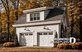 front - BASE MODEL - Two-car garage plan, country style, storage area on second floor - Mustang