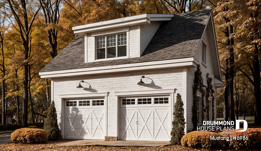 front - BASE MODEL - Two-car garage plan, country style, storage area on second floor - Mustang