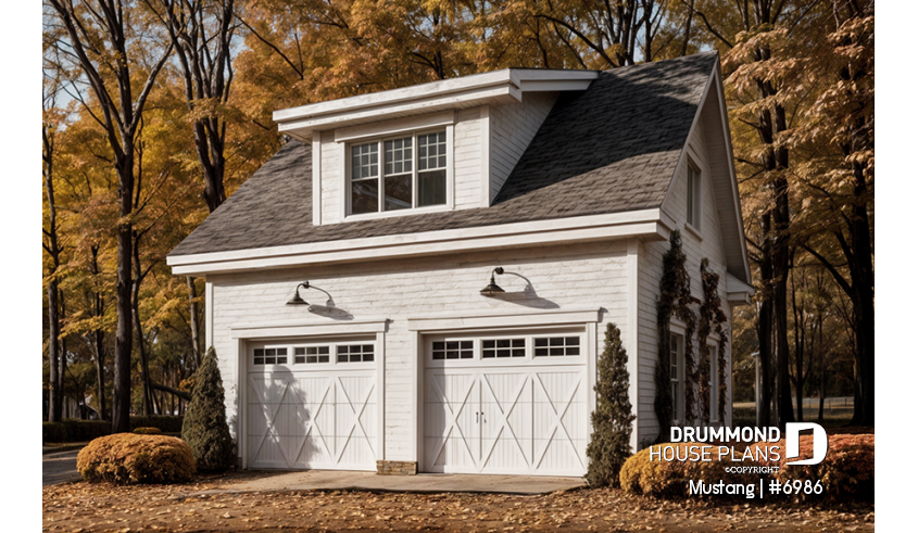 front - BASE MODEL - Two-car garage plan, country style, storage area on second floor - Mustang