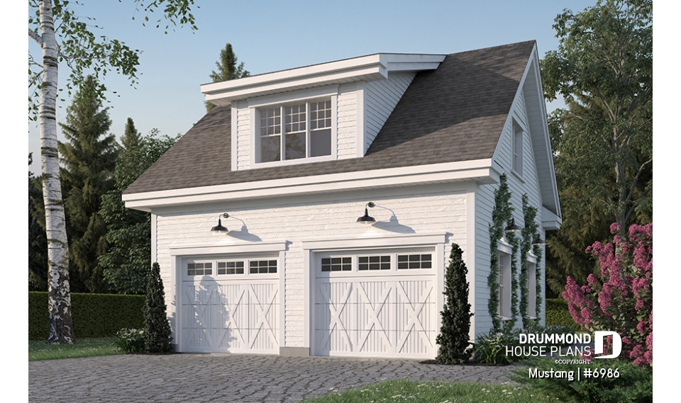 front - BASE MODEL - Two-car garage plan, country style, storage area on second floor - Mustang