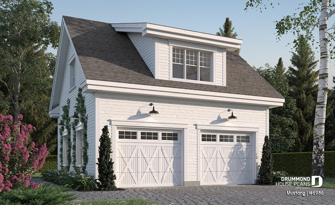 front - BASE MODEL - Two-car garage plan, country style, storage area on second floor - Mustang