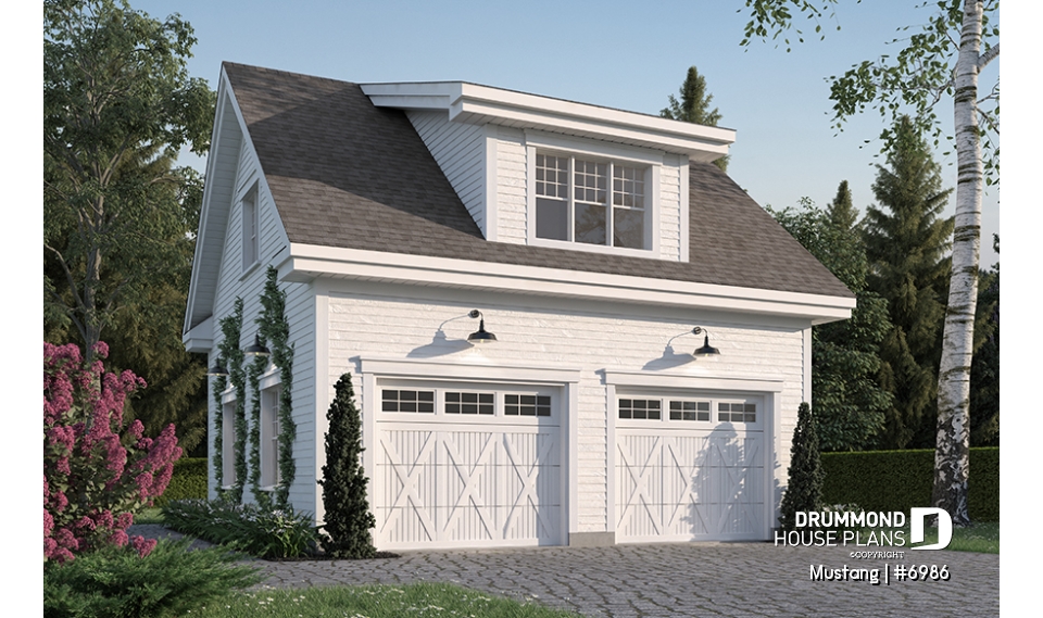 front - BASE MODEL - Two-car garage plan, country style, storage area on second floor - Mustang